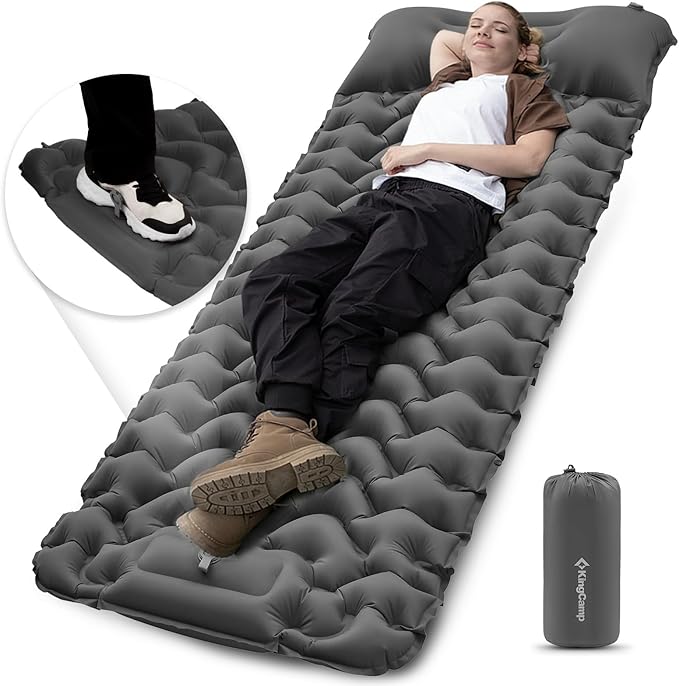 KingCamp Self Inflating Camping Mattress with Built-in Foot Pump, Connectable Durable Inflatable Sleeping Mat with Pillow, Compact Camping Air Mattress for Hiking