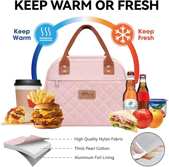 HOMESPON Insulated Lunch Bag for Women Men Adults Lunch Tote with Front Pocket Lunch Box Container Cooler Bag for Work Picnic (Pink)