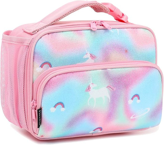 FlowFly Kids Lunch box Insulated Soft Bag Mini Cooler Back to School Thermal Meal Tote Kit for Girls, Boys,Glitter-Unicorn