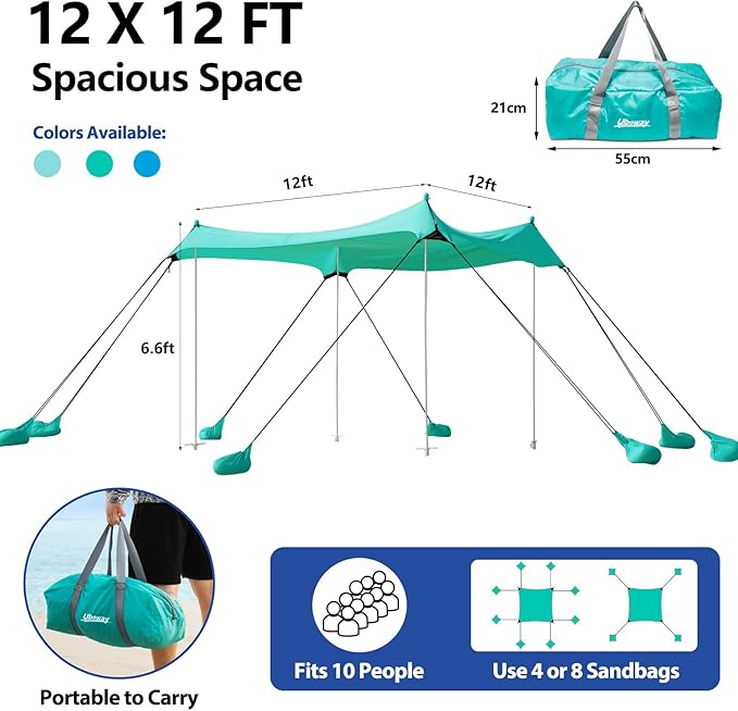 Camping Tent UPF50+ with 8 Sandbags, Beach Shade Canopy with Stability Poles and Big Ground Pegs, Pop Up Canopy for Camping, Picnics, 12X12FT Green