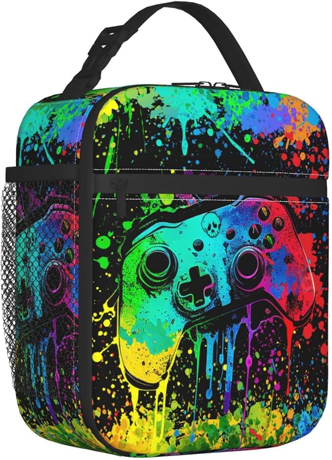 Video Game Controller Insulated Lunch Bag, Colorful Abstract Artist Painting Lunch Box for Boys Girls Kids, Portable Reusable Zipper Lunch Box for Men Women School Work Travel
