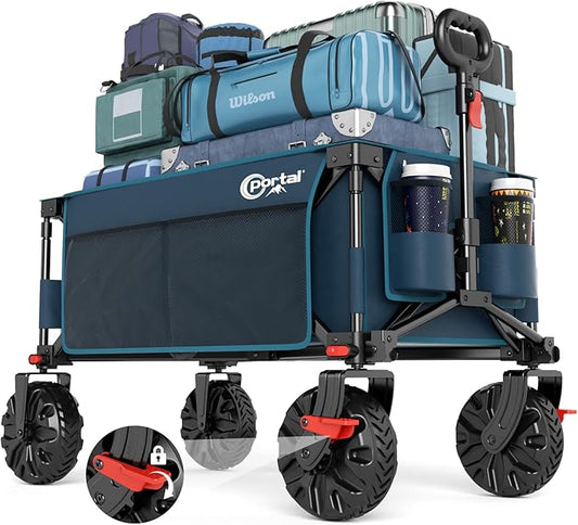 PORTAL Collapsible Wagon with Brakes, Heavy Duty Utility Cart with All-Terrain Wheels, Portable Folding Wagons for Camping, Beach, Garden, Shopping, and Groceries