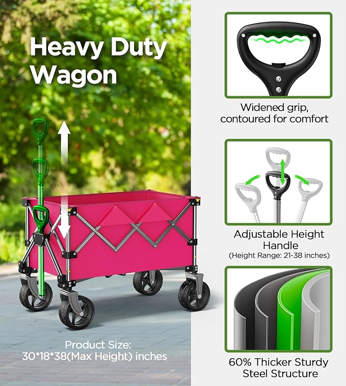 Beach Wagon,Collapsible-Wagon 220lbs with Big Wheels FoldableWagon Carts,Portable Utility for Garden Grocery Sports Camping All Terrain-Pink