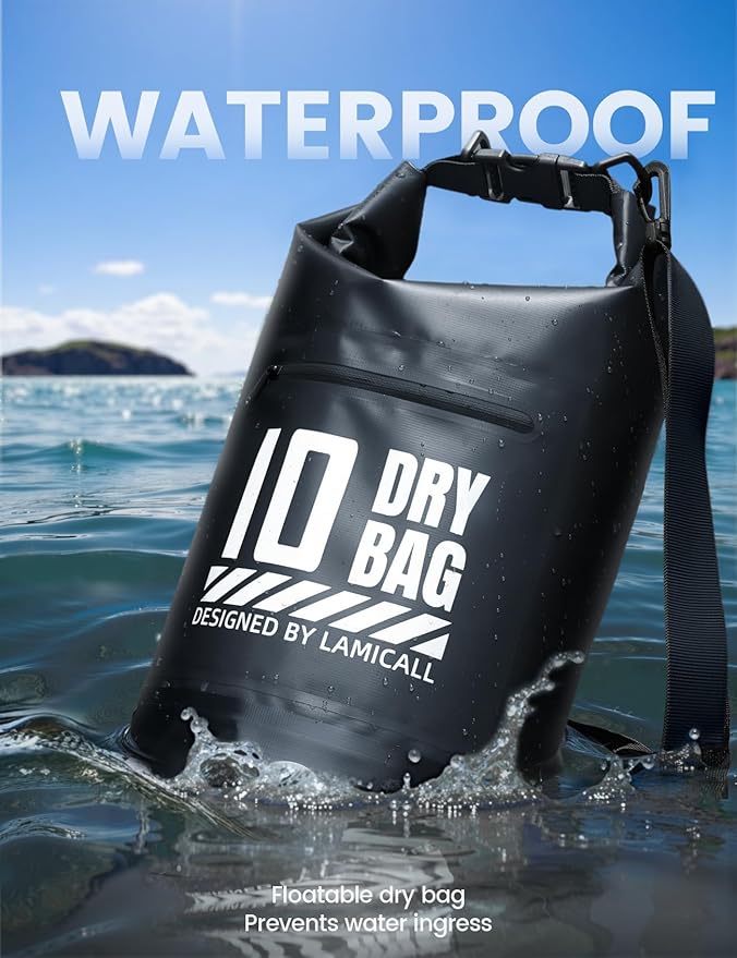 Lamicall Dry Bag Waterproof Backpack - [Zippered Pocket] 10L/20L Roll Top Waterproof Bag with Water proof Phone Case, Floatable Drybag for Swimming, Boating, Kayaking, Camping, Beach