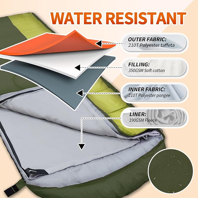 XL 10 Degree Sleeping Bags Waterproof for Adults 350GSM Machine Washable with Compression Sack for 3-4 Season Camping Outdoor