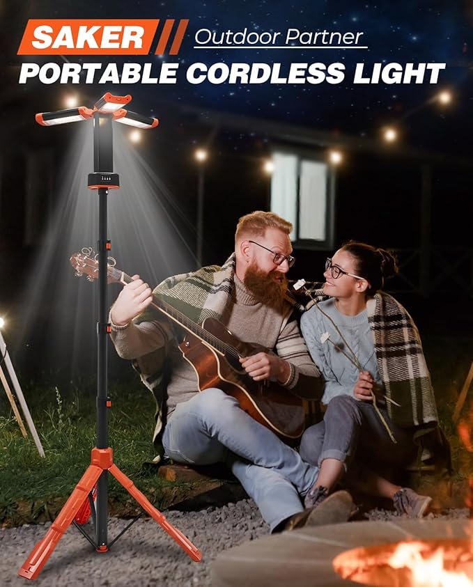 Saker Portable Camping Light with Stand 73.2" Rechargeable Work Light 800/3200 Lumen 4000/6500K Dimmable Camping Light for Outdoor Work, Power Outages, Fishing LD10 Orange