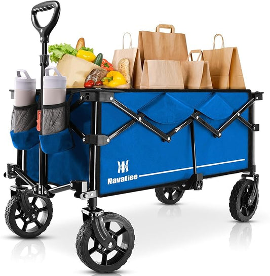 Navatiee 130L Collapsible Folding Wagon, Large Capacity Foldable Wagon with Silent All-Terrain Wheels, Utility Grocery Wagon Cart for Camping Shopping Outdoor, Blue