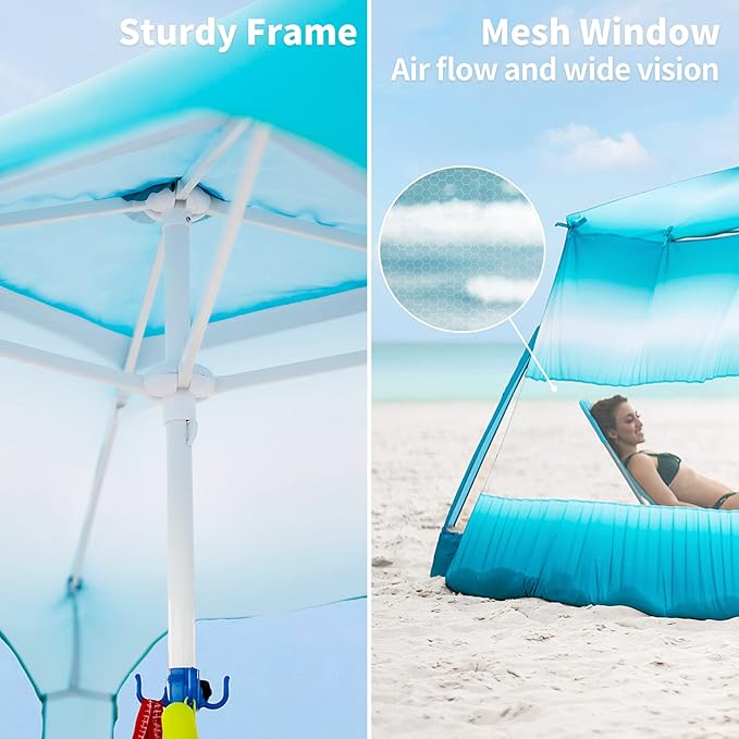 AMMSUN Beach Cabana, 6.2'×6.2' Beach Canopy, Easy Set up and Take Down, Cabana Tent with Sand Pockets, Instant Sun Shade with Side Wall, Sky Blue