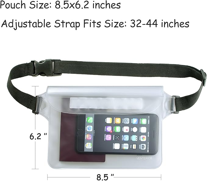 Waterproof Waist Pouch 2-Pack | Beach Accessories Fanny Pack for Swimming Snorkeling Sailing Kayaking Beach Pool Water Parks | Keep Your Phone Wallet Safe and Dry (White & Black)