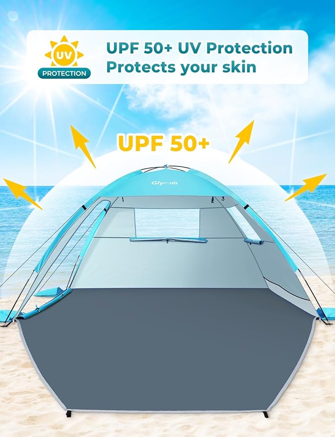 Beach Tent Sun Shelter for 3 Person with UPF 50+ UV Protection, Lightweight & Easy Setup Beach Shade Canopy with Vent Windows & Zippered Door