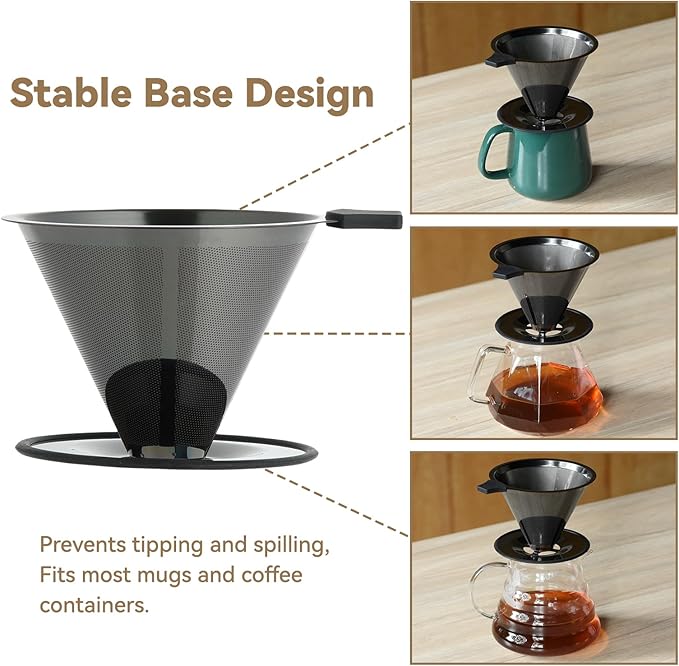 Pour Over Coffee Dripper Filter: Reusable Stainless Steel Coffee Filters - Metal Cone Filter Paperless Single Cup Coffee Maker 1-4 Cup with Double Mesh & Non-slip Cup Stand Black