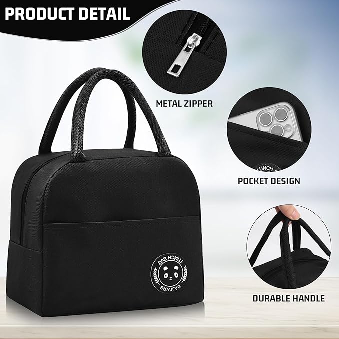Insulated Lunch Bag for Men Women, Small Portable Reusable Lunch Cooler Tote Bag, Leakproof Thermal Lunch Box for Work Picnic Travel, Black