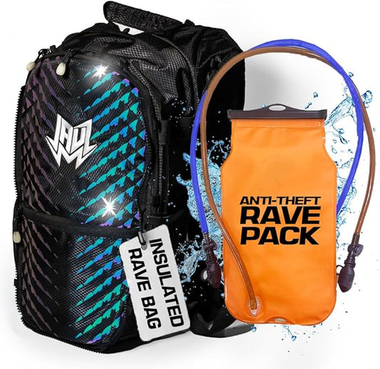 RAVERUNNER® Dino Festival Water Backpack - Dual Chamber Hydration - 3L Insulated Water Backpack for Raves, Festivals, Hiking, Running - Festival Hydration Pack for Hydration Backpack Rave