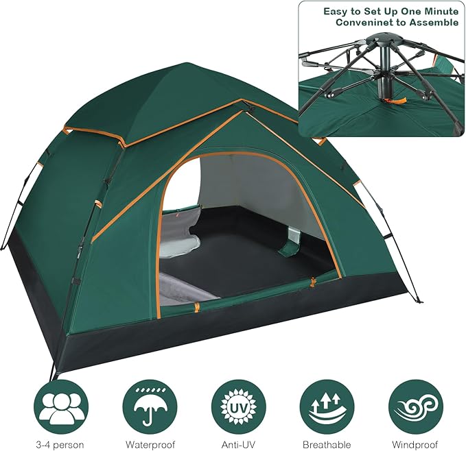 Pop Up Tents for Camping, 3-4 Person Camping Tent 60s Automatic Easy Setup Dome Tent, Waterproof Family Camping Tents, Lightweight Tents for Camping Hiking Backpacking Fishing Hunting