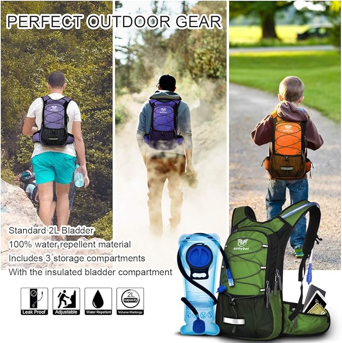 Hydration Pack, Insulated Hydration Backpack with 2L BPA Free Water Bladder and Storage, Hiking Backpack for Men, Women, Kids for Running, Cycling, Camping - Keep Liquid Cool up to 5 Hours