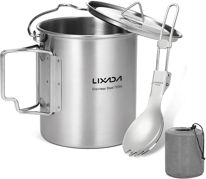 Lixada 750ml Camping Cup Pot Cup Stainless Steel Water Cup Mug with Foldable Spoon for Outdoor Camping Hiking Backpacking