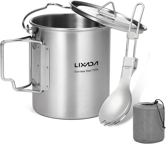 Lixada 750ml Camping Cup Pot Cup Stainless Steel Water Cup Mug with Foldable Spoon for Outdoor Camping Hiking Backpacking