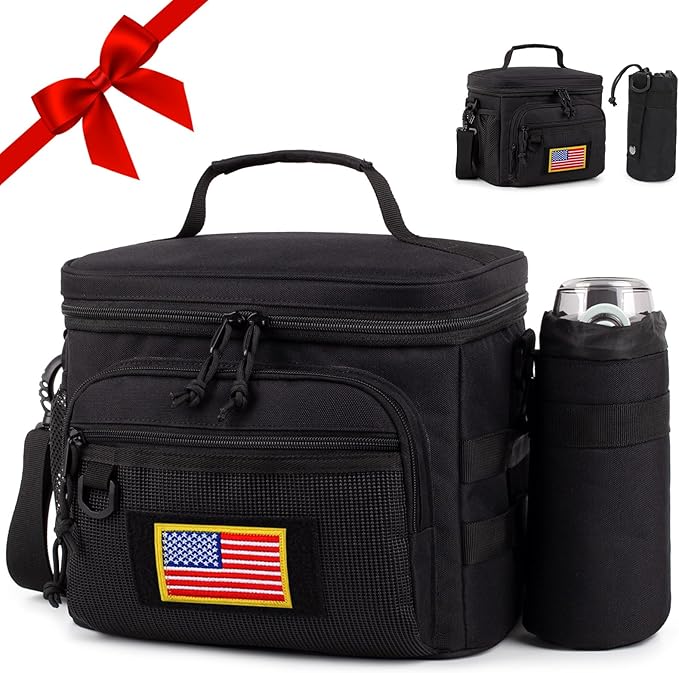 Tactical Reusable Lunch Bag for Men/Women - Insulated Lunch Box Leakproof Lunch Pail Freezable with Adjustable Shoulder Strap,Lunch Cooler Bag for Work Office Picnic Beach，Black