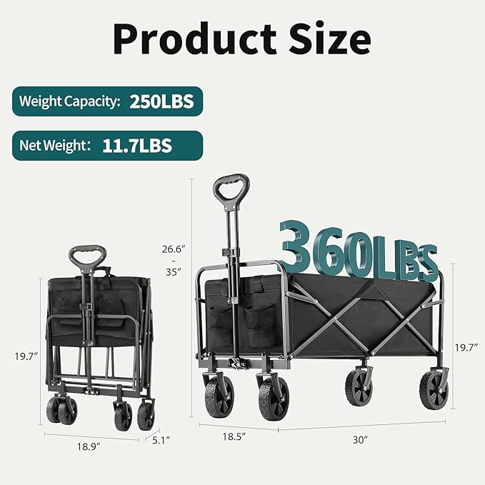Collapsible Wagon Cart Foldable, 30" L Folding Beach Wagon with All-Terrain Wheels, Shopping Cart with 250lbs Capacity, Portable Camping Wagons Carts for Grocery Garden and Sports, Modern Black