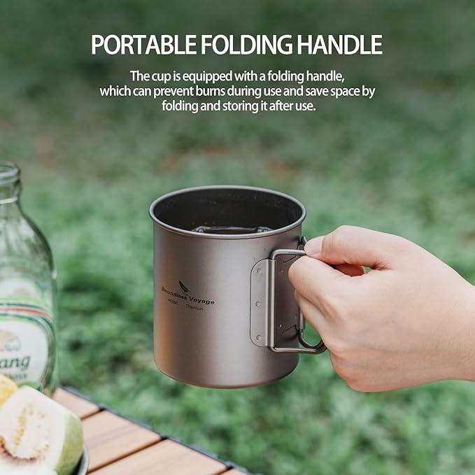 iBasingo 300ml Titanium Mug with Lid Tea Coffee Water Cup Outdoor Camping Pot Ultra-light Portable Hiking Backpacking Cooking Kit Picnic Tableware Drinkware with Foldable Handle Ti3034D