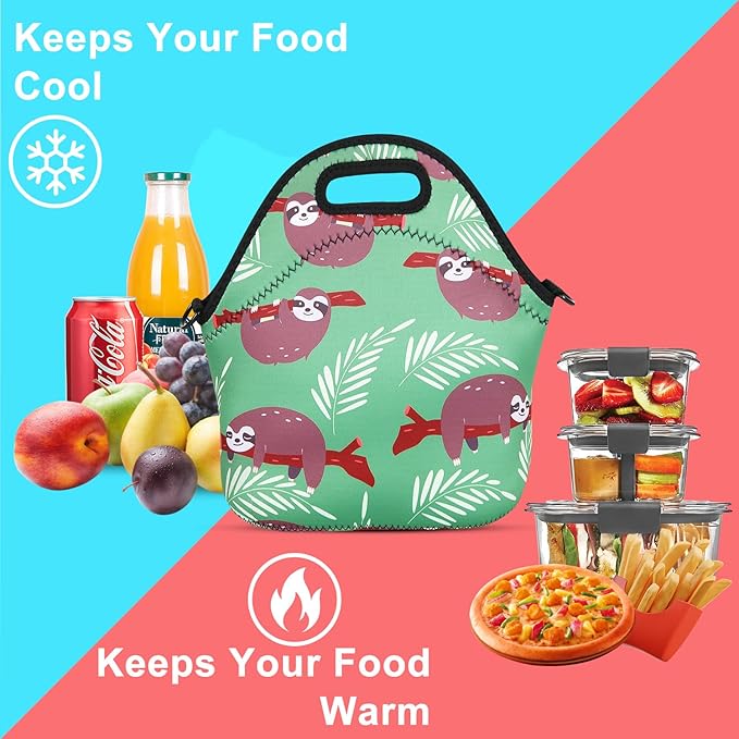 Violet Mist Neoprene Sloth Lunch Bag Insulated Waterproof Lunch Bag Tote Reusable Lunch Box Containers Organizer Food Carrying Lunch Handbag forWomen Men Adult Work Gifts Picnic, S