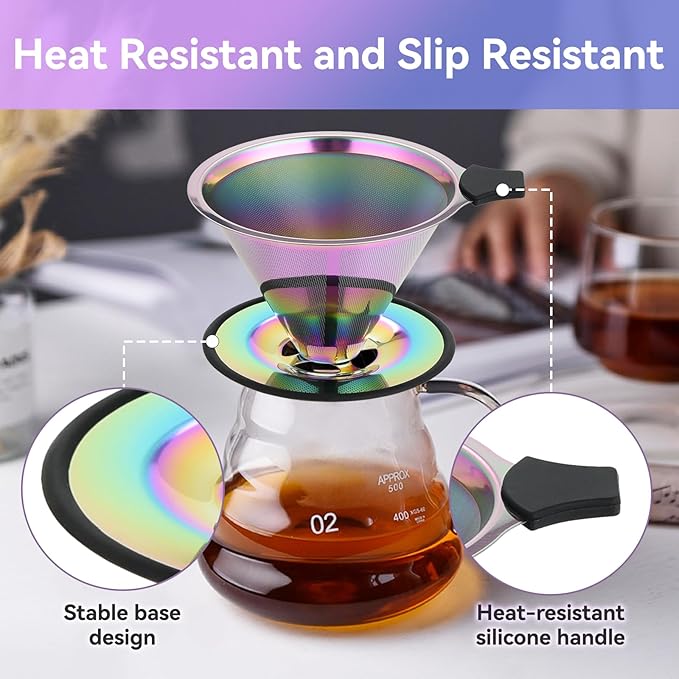 Pour Over Coffee Dripper Filter: Reusable Stainless Steel Coffee Filters - Metal Cone Filter Paperless Single Cup Coffee Maker 1-4 Cup with Double Mesh & Non-slip Cup Stand Multicolour