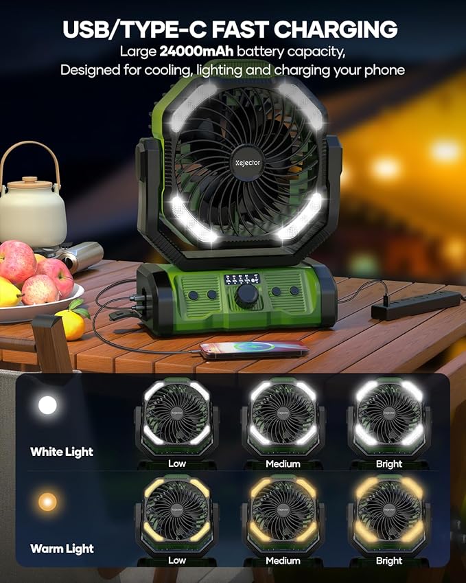 kejector Battery Powered Fan - 24000mAh 3-in-1 Portable Camping Fan Rechargeable with LED Lights, USB C, Auto Oscillating Portable Fan for Tents, Travel, BBQ, Fishing, Home, Office, Camper Essentials