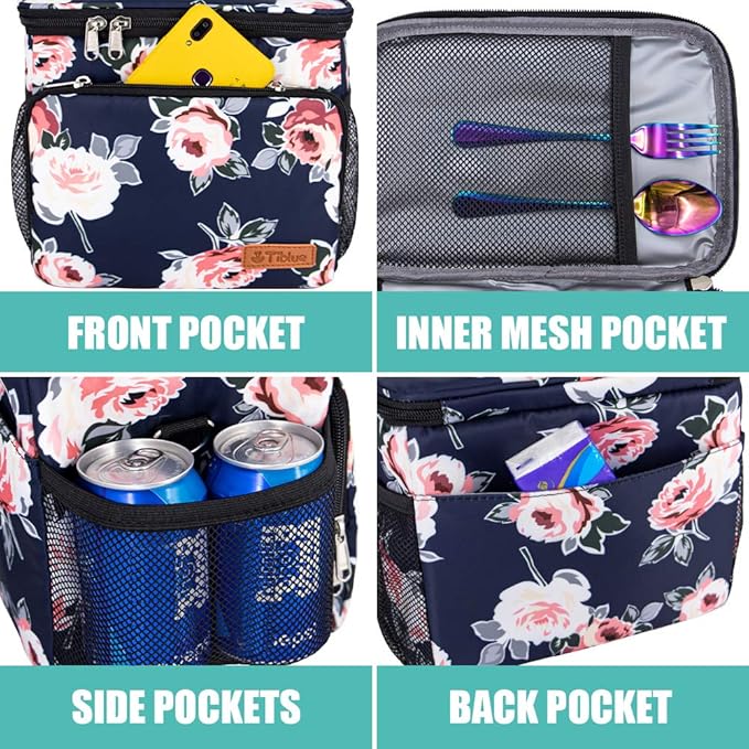 Tiblue Insulated Lunch Bag for Women/Men, Reusable Lunch Box for Office Work School Picnic Beach, Leakproof Freezable Cooler Bag with Adjustable Shoulder Strap for Kids/Adult(Medium, Romantic Rose)