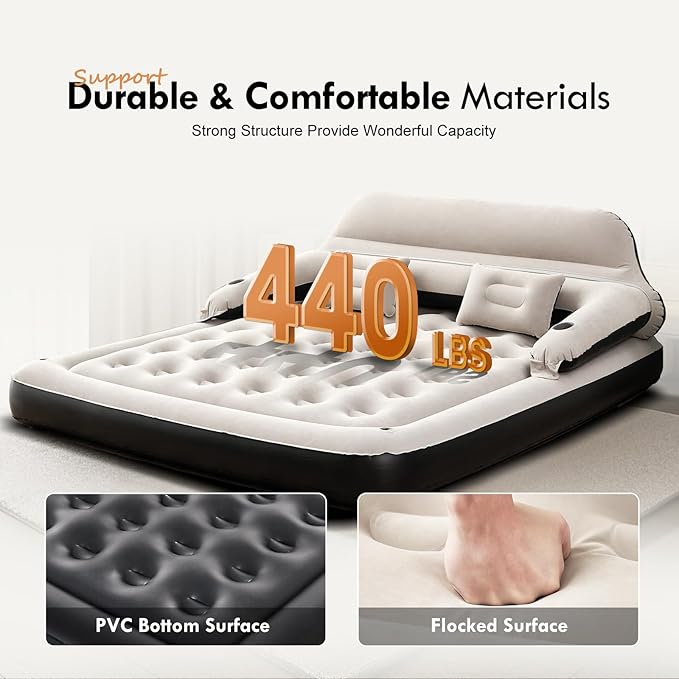 DIMAR GARDEN King Size Air Mattress with Headboard and Pillows, Inflatable Bed Blow Up Bed