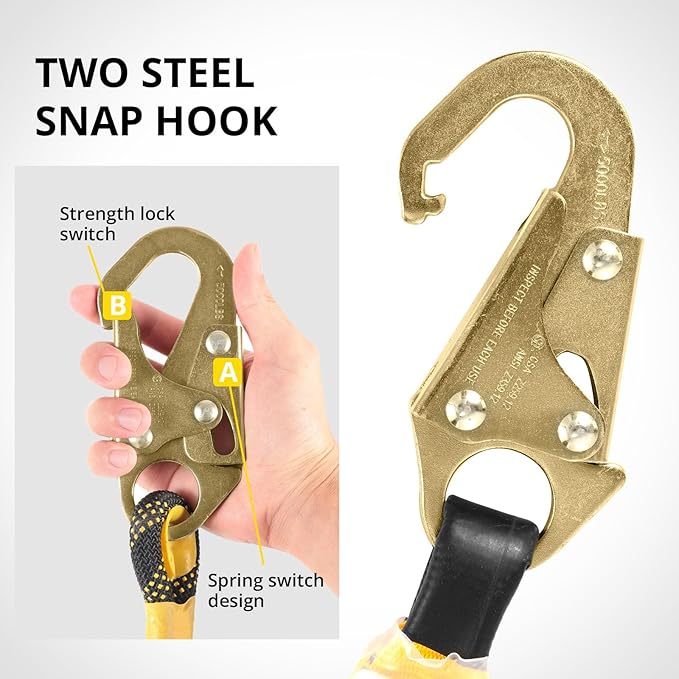 TRSMIMA Rope Harness Safety Lanyard：150ft Vertical Roofing Rope With Grab Snap Hooks Shock Absorber - Fall Protection Tree Climbing Line Kit Heavy Duty Roof Safety Equipment ANSI CE