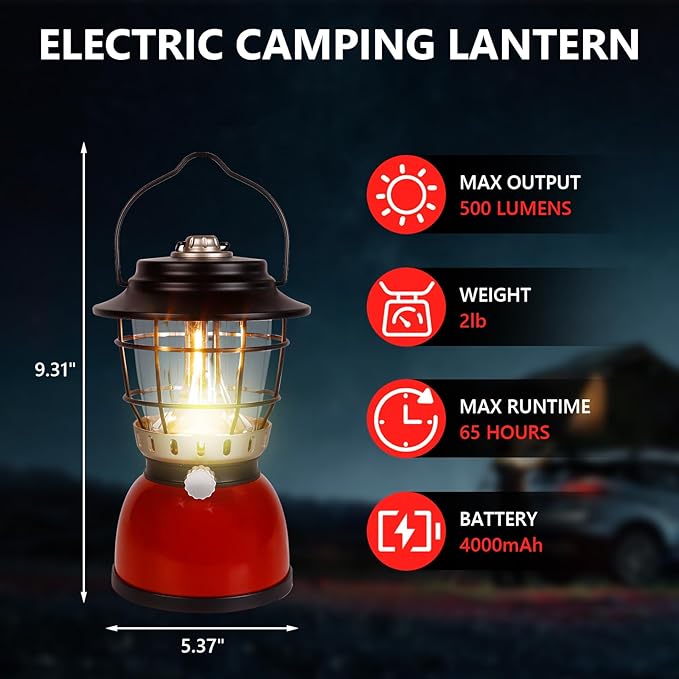 LED Camping Lantern Rechargeable Stepless Dimming Vintage Rechargeable Vintage Lantern, 4000mAh Power Bank, IPX5 Waterproof Portable Hanging Lamp for Camping Hiking Emergency and Power Outage