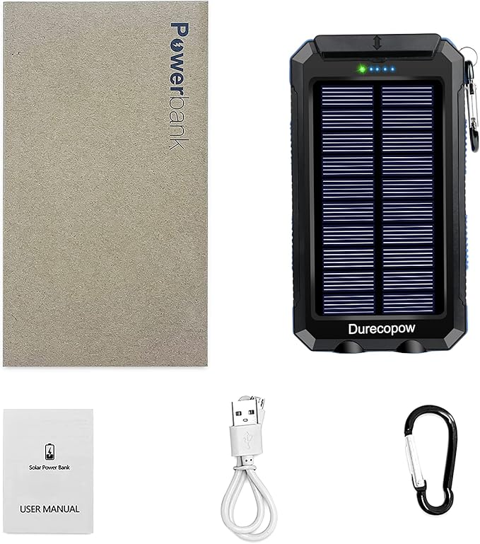 Solar Charger Power Bank, 20000mAh Portable Outdoor Waterproof Solar Battery Charger, Camping External Backup Battery Pack USB C Ports Input/Output, 2 Led Light Flashlight with Compass (Blue)