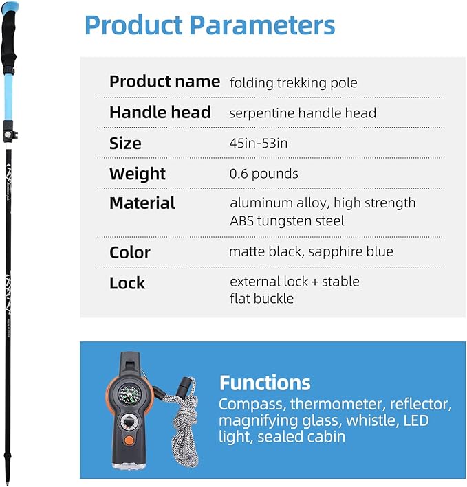 Folding Trekking Poles with an Outdoor Compass, Adjustable Rod Length，Lightweight & Foldable Walking Sticks for City Streets, Snowy Rerrain & Mountain Climbs, Durable Trekking Gear for Men and Women