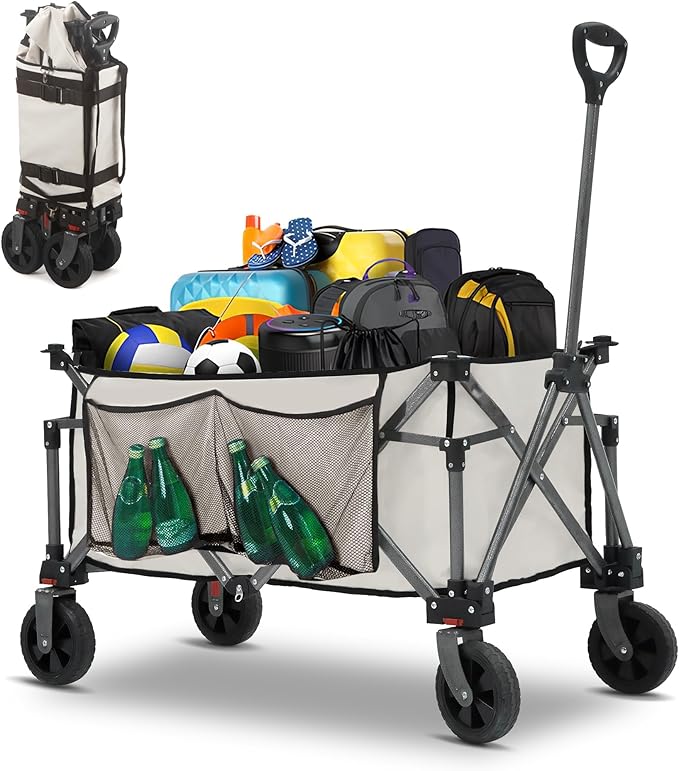 Collapsible Folding Wagon Cart, 220LBS Heavy Duty Foldable Utility Garden Cart with All Terrain Wheels & Side Storage Bag, Portable Sports Wagon for Camping, Shopping, Garden
