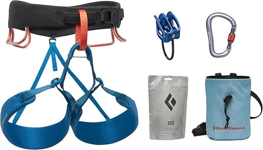 Black Diamond Mens Momentum Rock Climbing Harness Package with Harness, Chalk Bag, Chalk, Locking Carabiner, and Belay Device