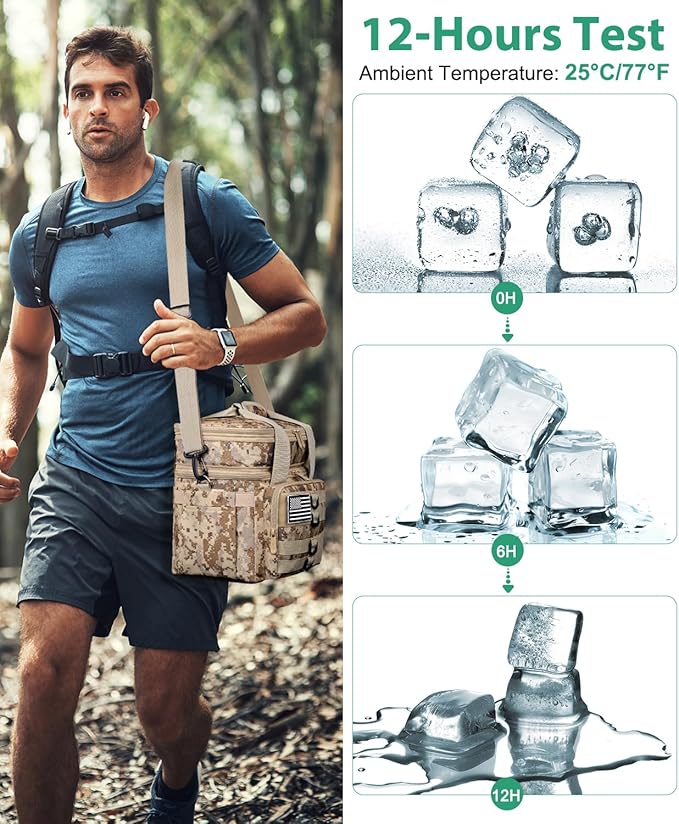 Tactical Lunch Box for Men, Large Insulated Lunch Bag Adult, Heavy Duty Double Deck Expandable Lunch Cooler Bag Leakproof Waterproof Lunch Tote for Work Office Camping Travel-Camo khaki