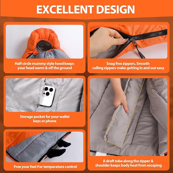 Adult Kids Sleeping Bag - All Season Warm/Cold Weather Lightweight for Camping & Hiking - Compact w/Compression Sack - Portable for Backpacking Travel Indoor - Unisex Boy Girl Man Woman