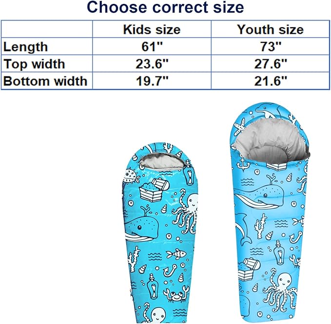 KidzAdventure Mummy Style 32 – 59F Kids Sleeping Bag with Pillow Sleeve, 4 Season, Lightweight and Backpacking Style, Ideal for Camping, Sleepover, Boys, Girls, Youth and Toddlers