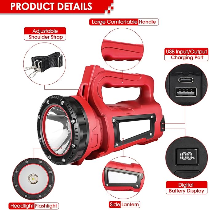 Rechargeable LED Flashlight, Camping Lantern Flashlight with 1000LM, 7 Modes, Power Bank, IPX4 Waterproof Camping Essentials Light for Hurricane Emergency Hiking Survival Kits - Red