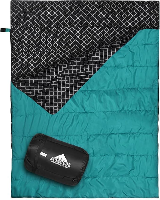 AGEMORE Cotton Flannel Double Sleeping Bag for Camping, Backpacking Or Hiking. Queen Size 2 Person Waterproof Sleeping Bag for Adults Or Teens. Lightweight with Compression Sack
