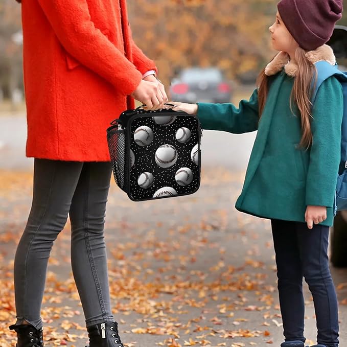 Baseball Black Kid Lunch Bags with Shoulder Strap Insulated Lunch Boxes for Boy Girls Waterproof Thermal Cooler Tote Bag Portable Picnic Bag for School Work Outdoor Gifts