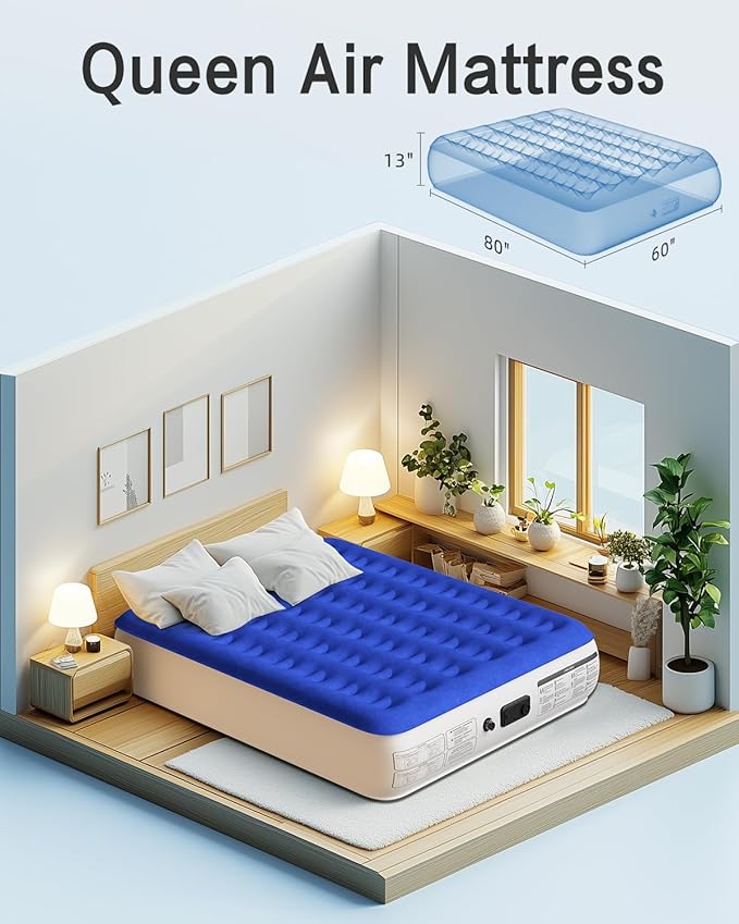 Queen Air Mattress with Built in Pump Luxurious Comfort Raised Inflatable Mattress Queen Airbed Blow Up Mattress for Home and Guests 80"*60"*13" Air Bed 2 Mins Fast Inflate/Deflate 660 lbs Max