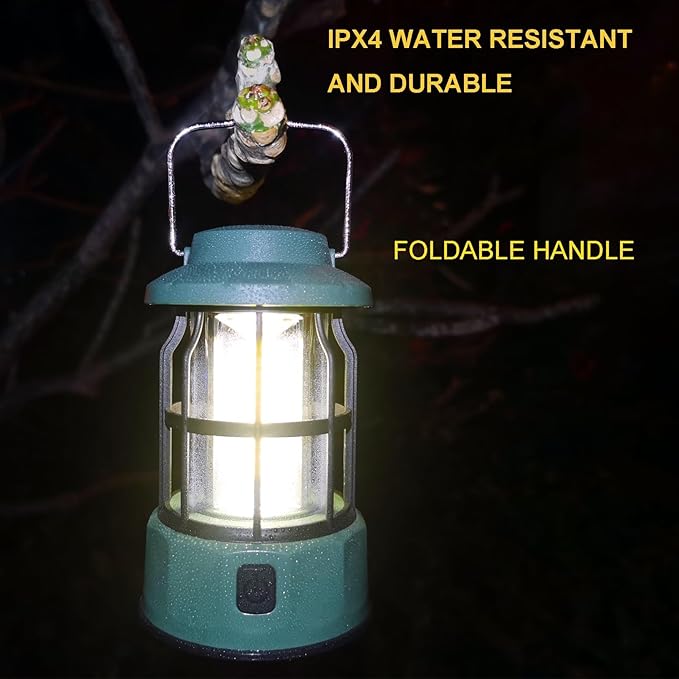 Camping Lantern Vintage Camp Light Dimmable USB C Rechargeable Portable Hanging Tent Retro COB Lights for Power Outages, Survival, Hiking, Bar (5.4 in Height, Green)