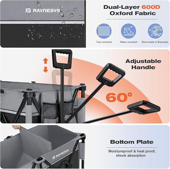Collapsible Foldable Wagons, 440 lbs Weight Capacity Beach Wagon with Big All-Terrain Wheels, Heavy Duty Foldable Wagon,Utility Carts for Outdoor, Sports, Shopping, Camping, Black & Gray