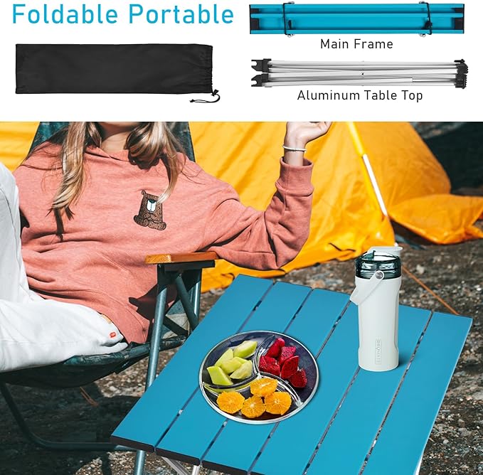 Tesouro Portable Camping Table,Folding Side Table Aluminum Top for Outdoor Cooking, Hiking, Travel, Picnic (Large, Blue)