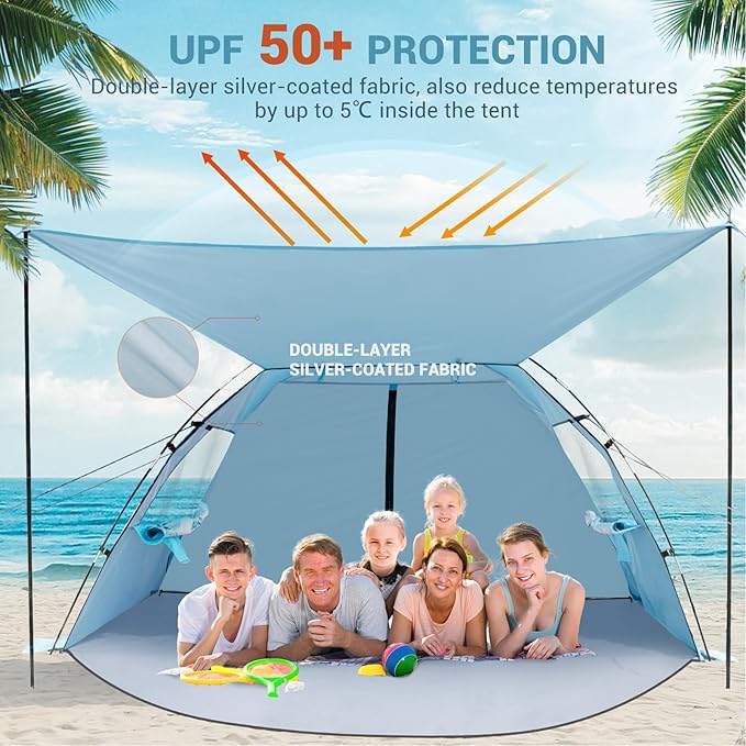 Elegear Beach Tent Sun Shelter with Canopy, 6-8 Person Pop Up Beach Tent, Easy Setup UPF 50+ UV Protection Portable Lightweight Double Silver Coating Beach Cabana Sun Shade Shelter - Sky Blue