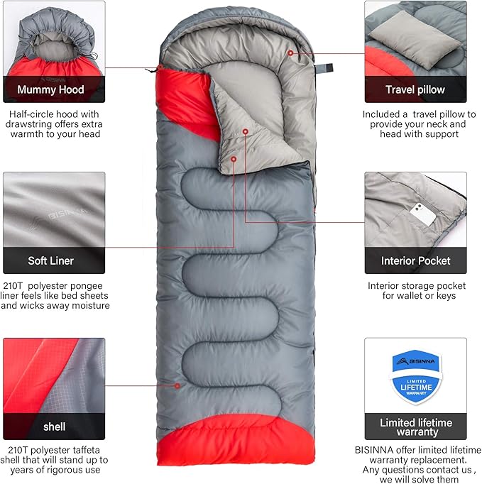 BISINNA Sleeping Bag with Pillow - 4 Season Backpacking Sleeping Bag Lightweight Waterproof Warm and Washable for Adults, Kids, Women, Men's Outdoors Camping, Hiking, Mountaineering