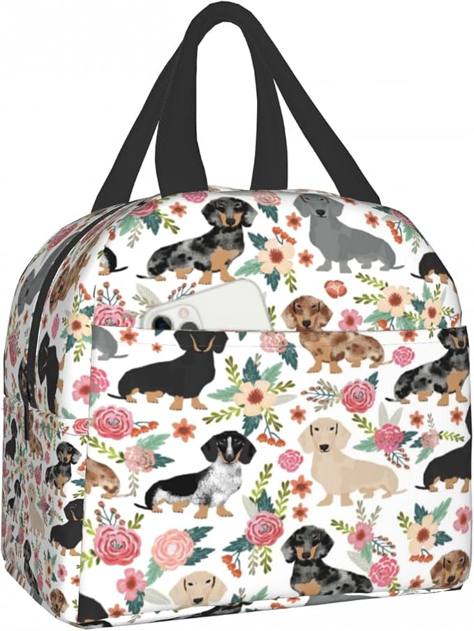 Giwawa Dachshund Floral Lunch Bag- Weiner Dog Flowers Insulated Reusable Lunch Box- Kids Thermal Cooler Lunch Tote Handbag for Women Girls Men Boys Travel