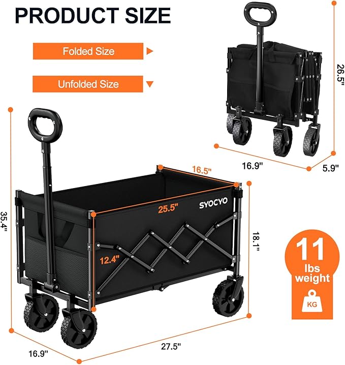 Collapsible Wagon Cart 360lbs Beach Foldable Wagon Lightweight & Portable Folding Utility Grocery Shopping Carts with Wheels for Shopping Sports Garden Camping and Beach