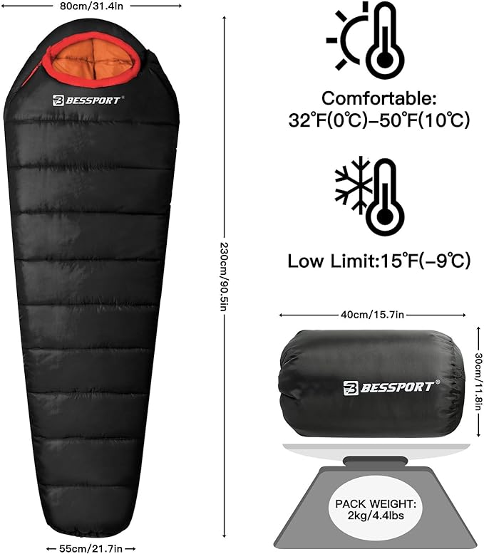 Bessport Mummy Sleeping Bag | 15-45 ℉ Extreme 3-4 Season Sleeping Bag for Adults Cold Weather– Warm and Washable, for Hiking Traveling & Outdoor Activities